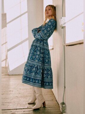 Sezane x Sea New York Blandine Blue Floral Long Sleeve Midi Dress Size 42/US 10